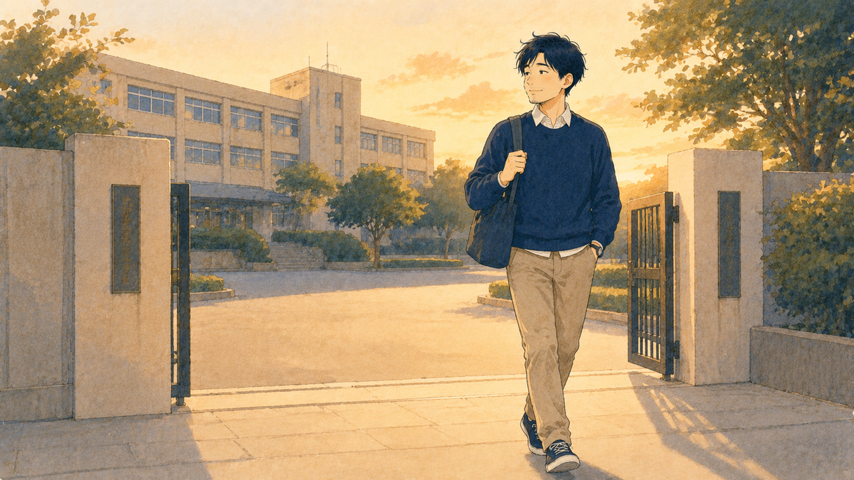 明るいうちに定時で退勤する先生のイラスト