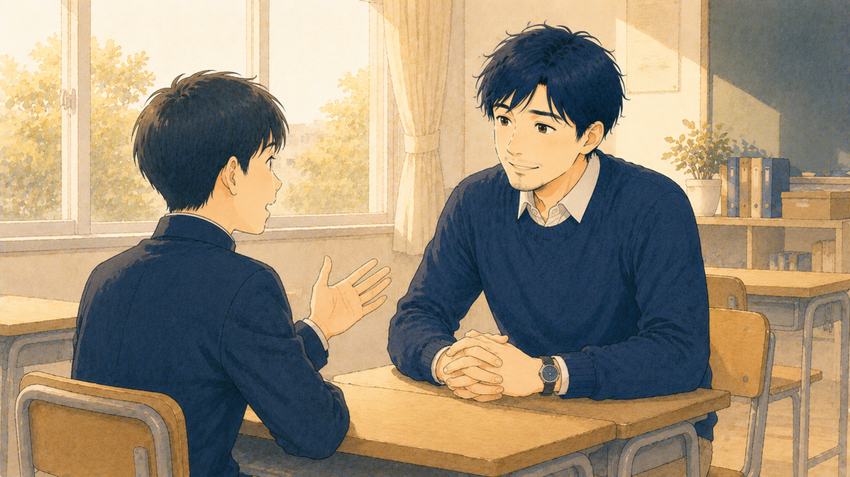 生徒の話にうなずきながら耳を傾ける先生のイラスト