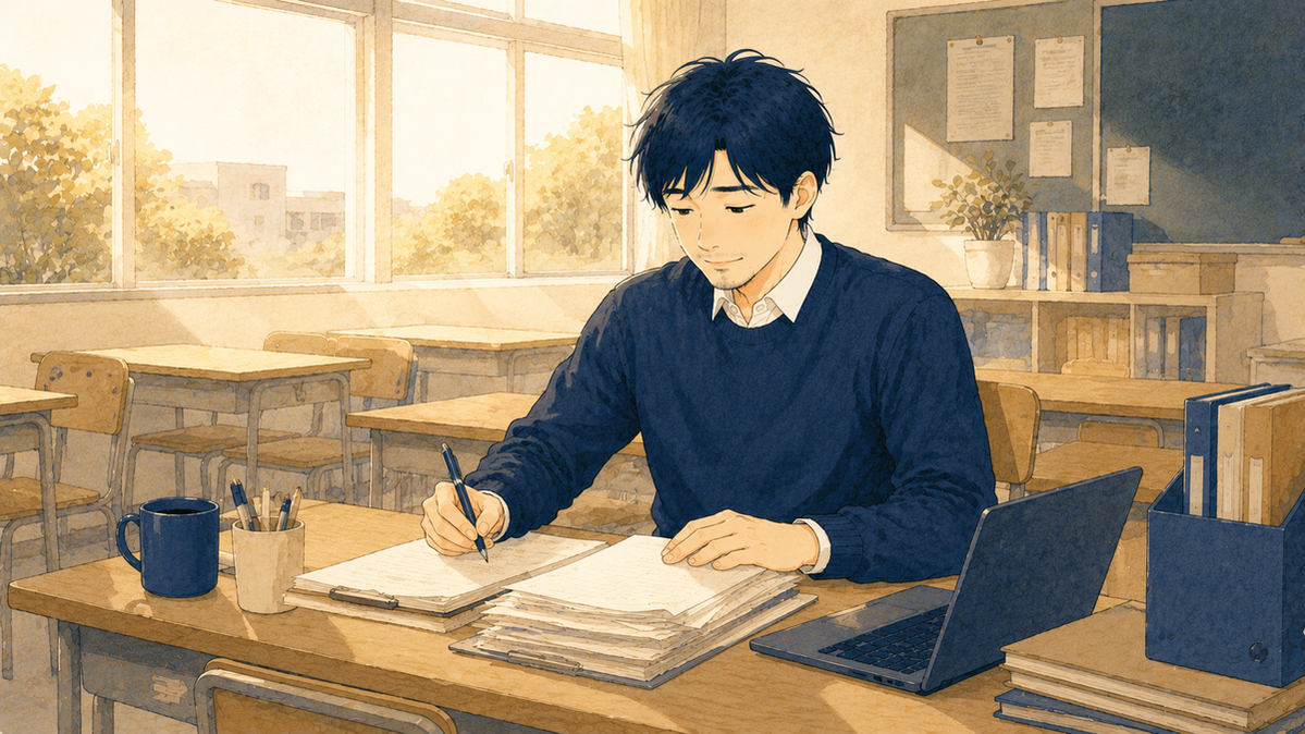 静かな教室で集中して仕事をする先生のイラスト