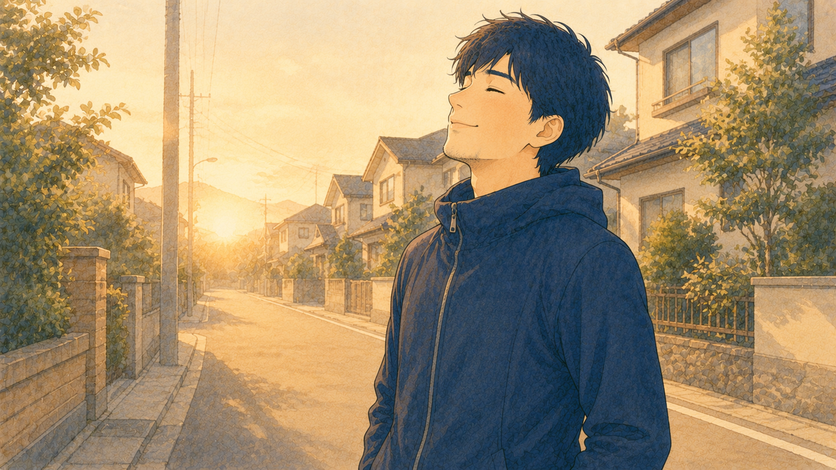 朝日の中を気持ちよく散歩する先生のイラスト