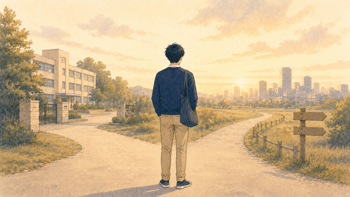 人生の分かれ道で自分の生き方を考える先生のイラスト