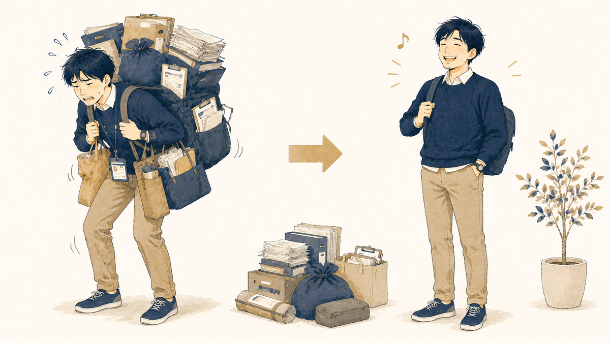 抱え込んだ仕事を下ろして身軽になる先生のイラスト
