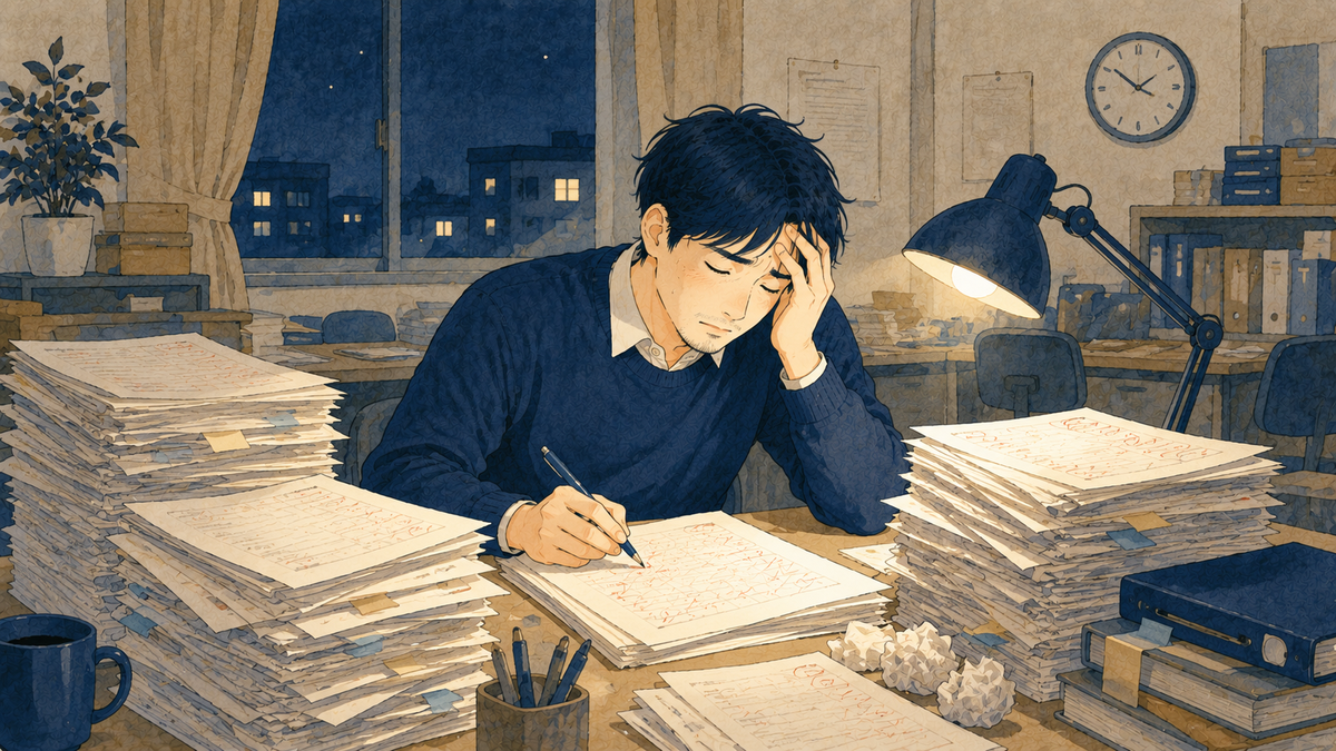 山積みの答案を夜遅くまで採点する先生のイラスト