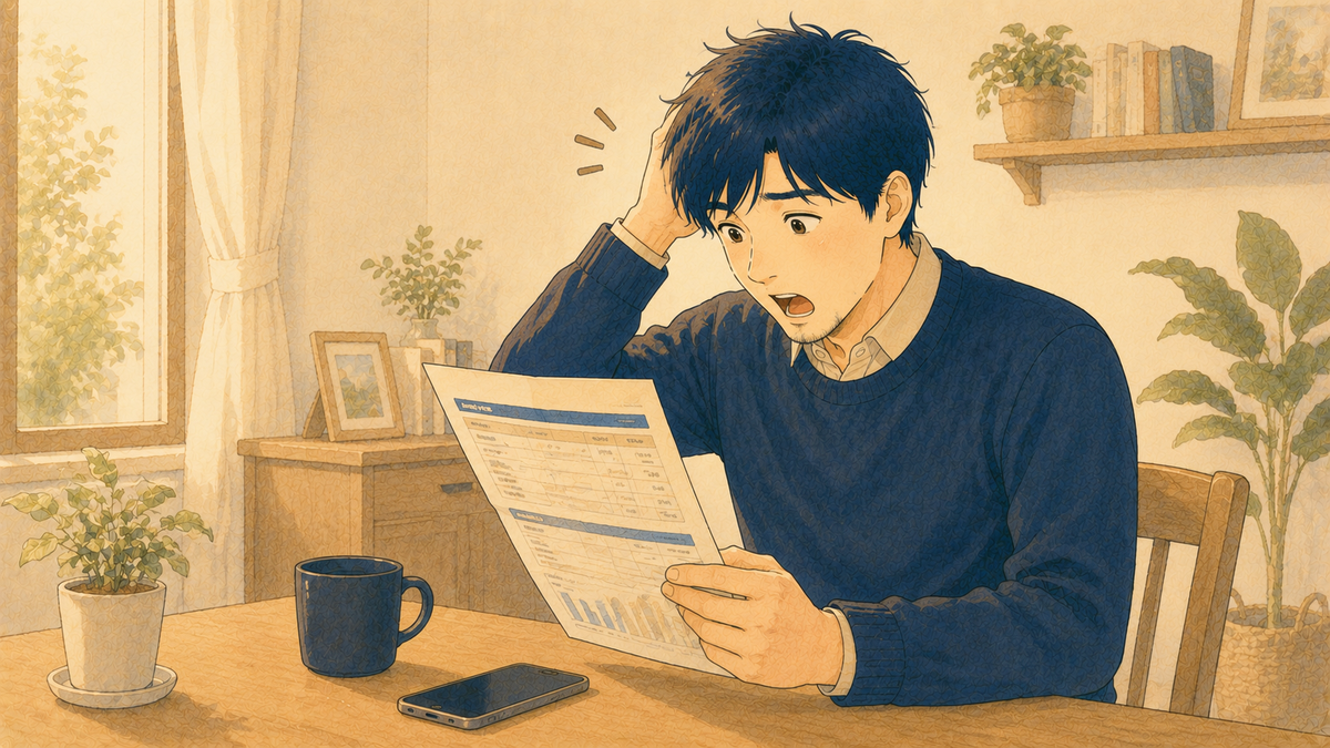 スマホ料金の高さに気づいて驚く先生のイラスト