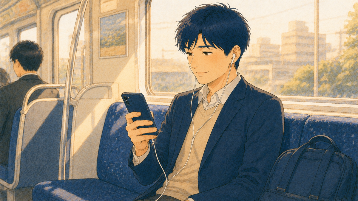 通勤中にスマホで快適に動画学習する先生のイラスト