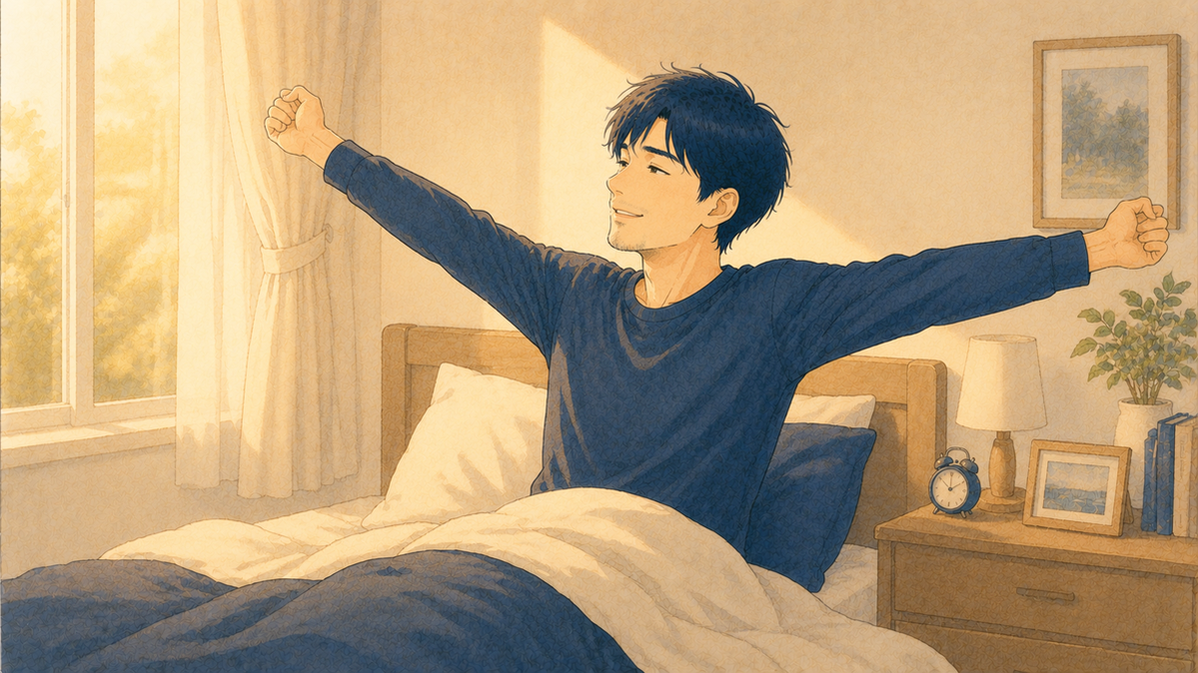しっかり眠って朝すっきり目覚める先生のイラスト