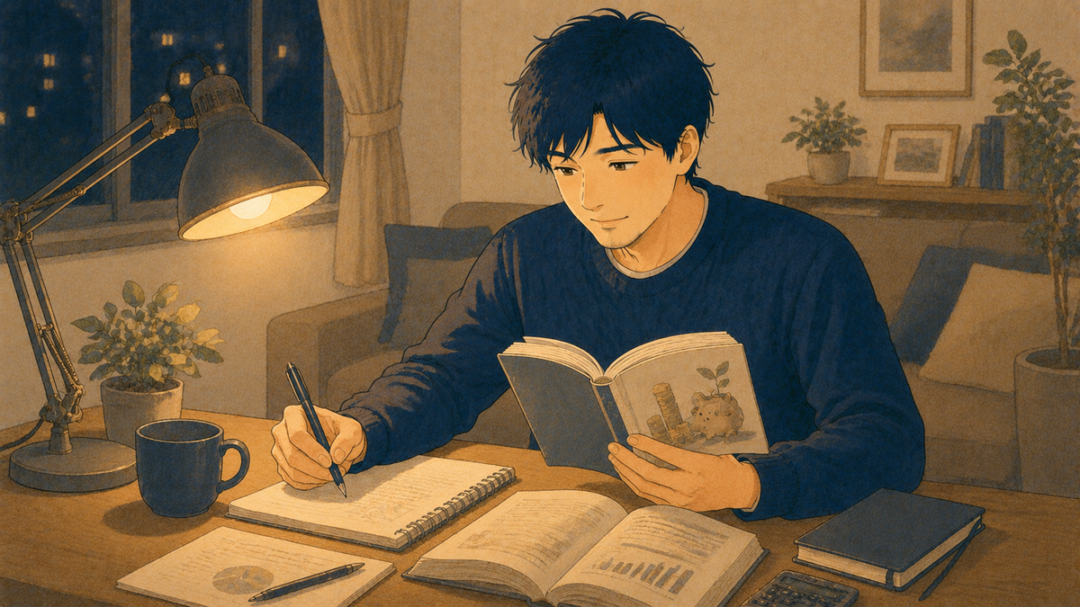 夜のリビングでお金について学ぶ先生のイラスト