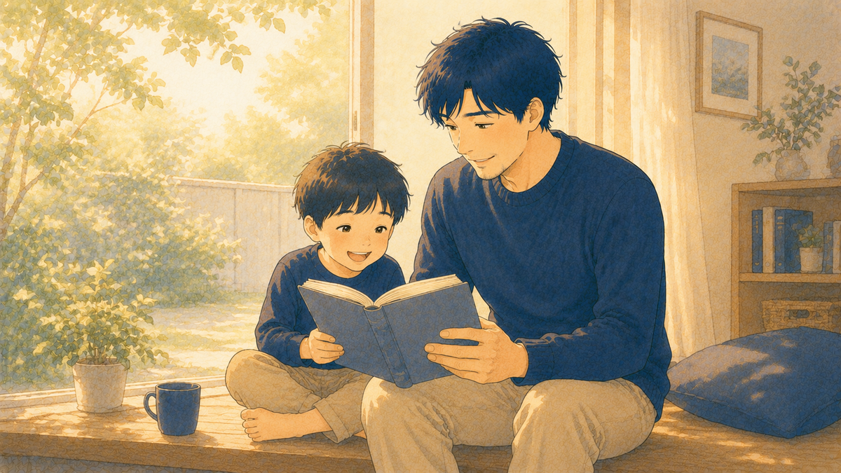 今日のささやかな豊かさとして子どもと本を読む先生のイラスト
