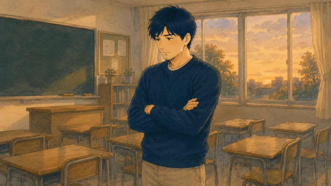 放課後の教室で硬い表情で立つ先生のイラスト