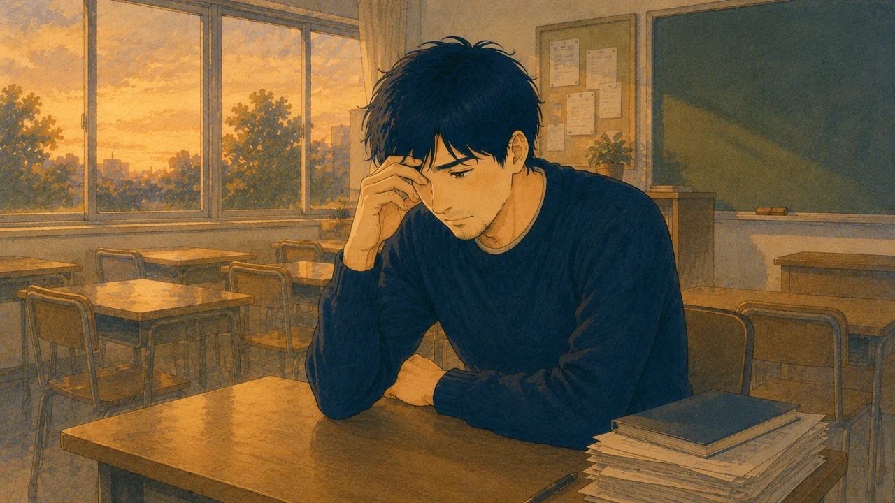 机に向かい思い悩む先生のイラスト