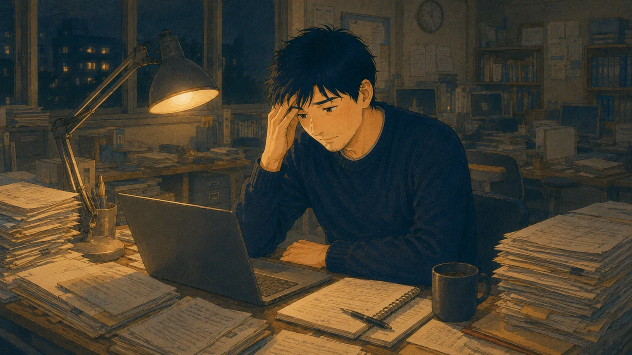 夜遅い職員室で残業する疲れた先生のイラスト