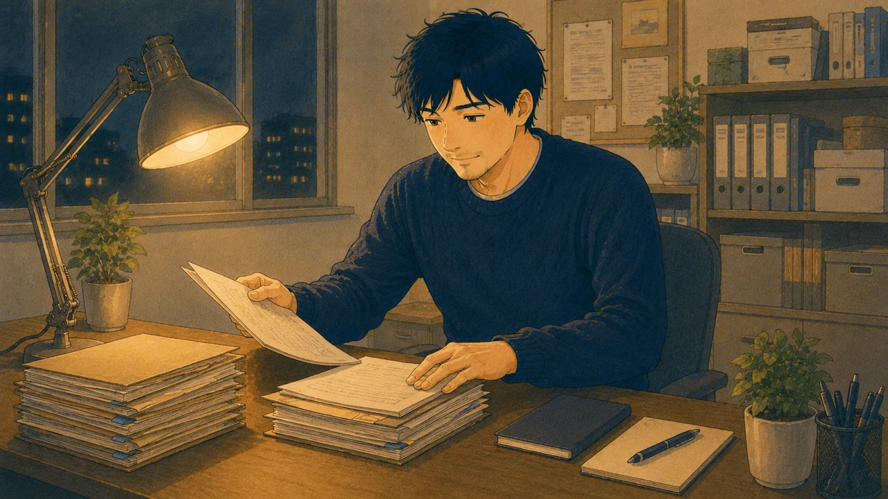 穏やかに書類を整理して減らす先生のイラスト