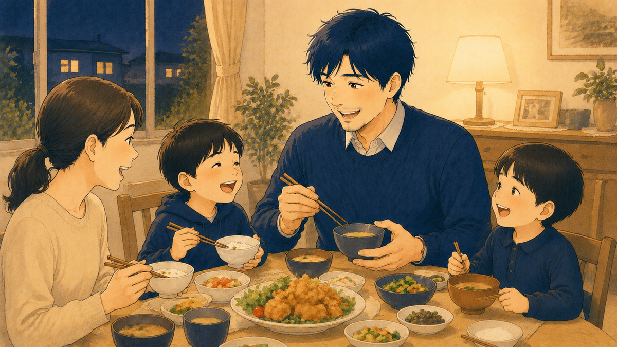 飲み会を断って家族との夕食を楽しむ先生のイラスト
