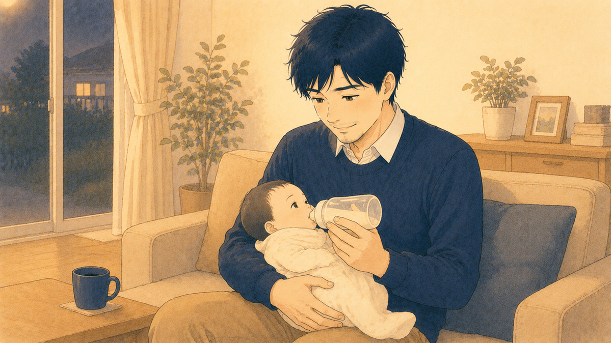 育児休業中に赤ちゃんのお世話をする男性の先生のイラスト