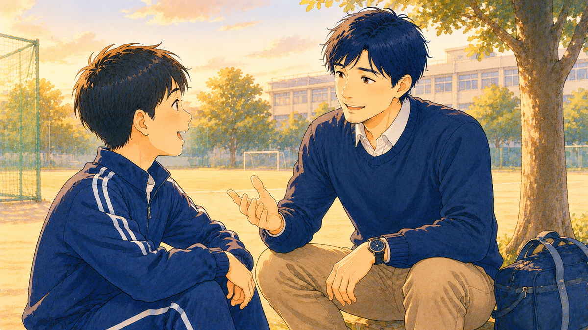 怒らずに生徒と笑顔で対話する先生のイラスト