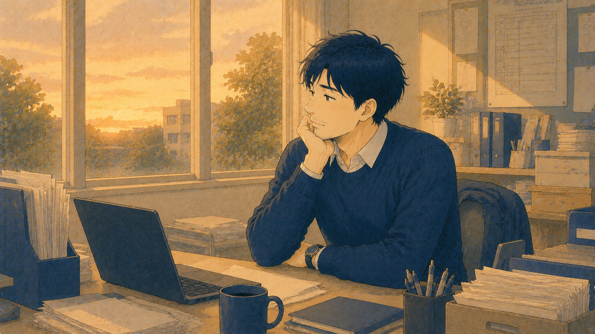 充実感を見失い物思いにふける先生のイラスト