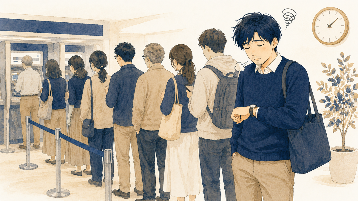銀行ATMの行列に並んで時間を失っている先生のイラスト