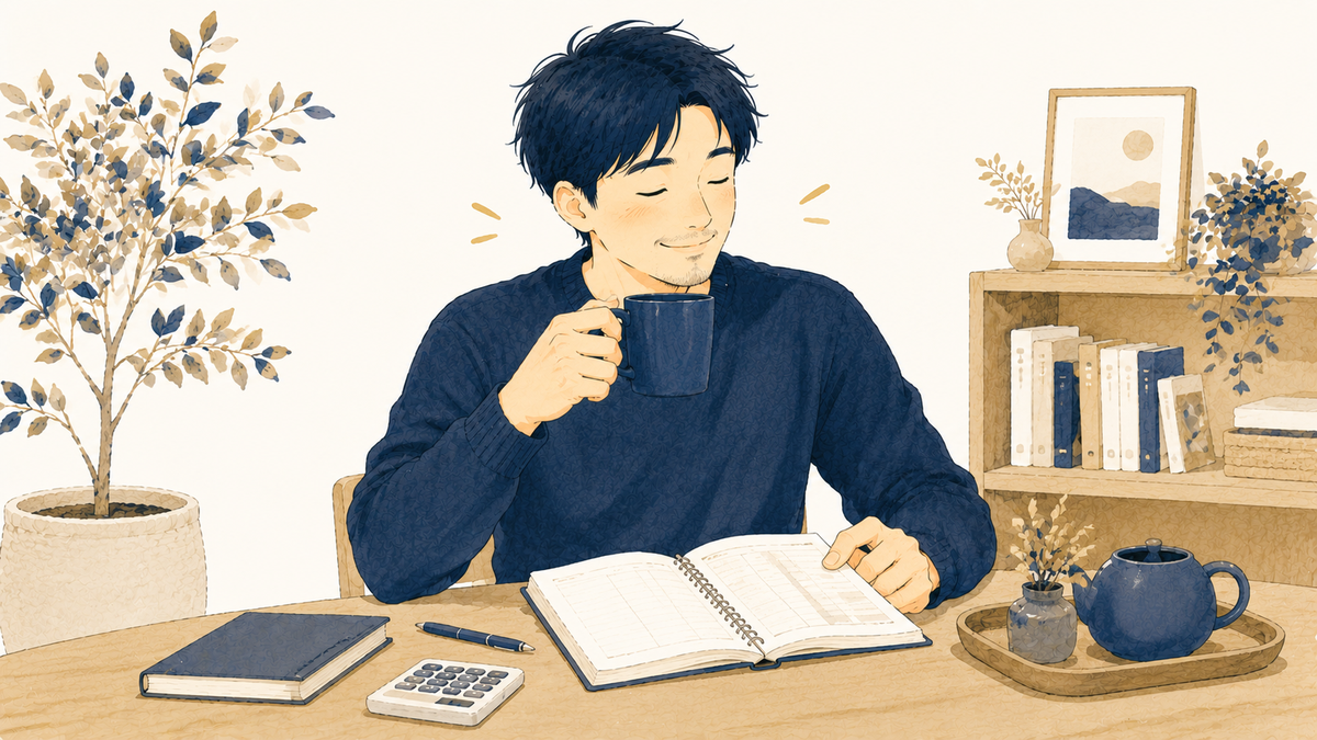 保険を見直して家計に余裕ができ安心する先生のイラスト