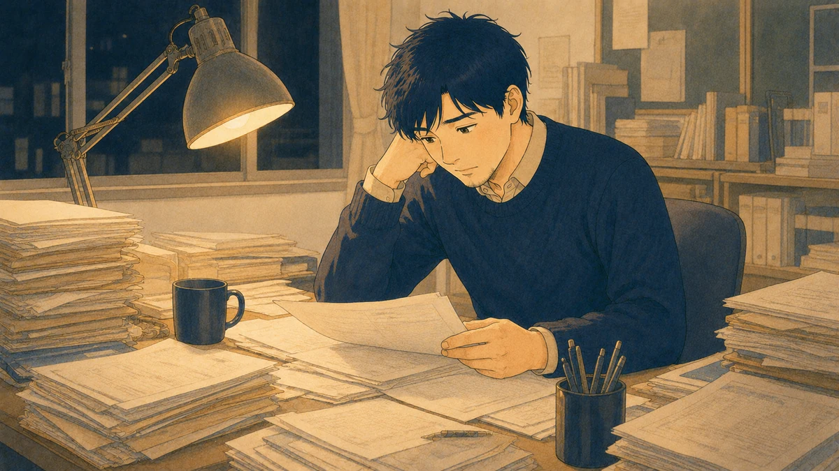 夜遅くまで書類に追われる先生のイラスト