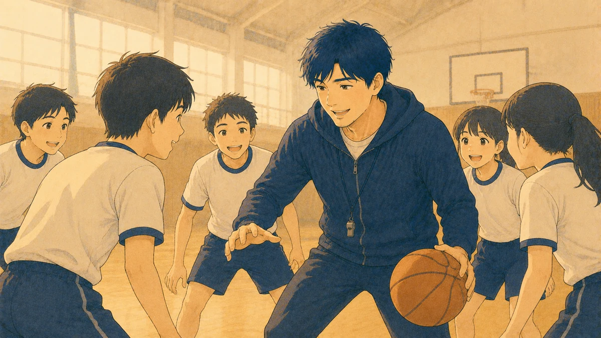 笑顔で部活動を指導する先生と生徒のイラスト