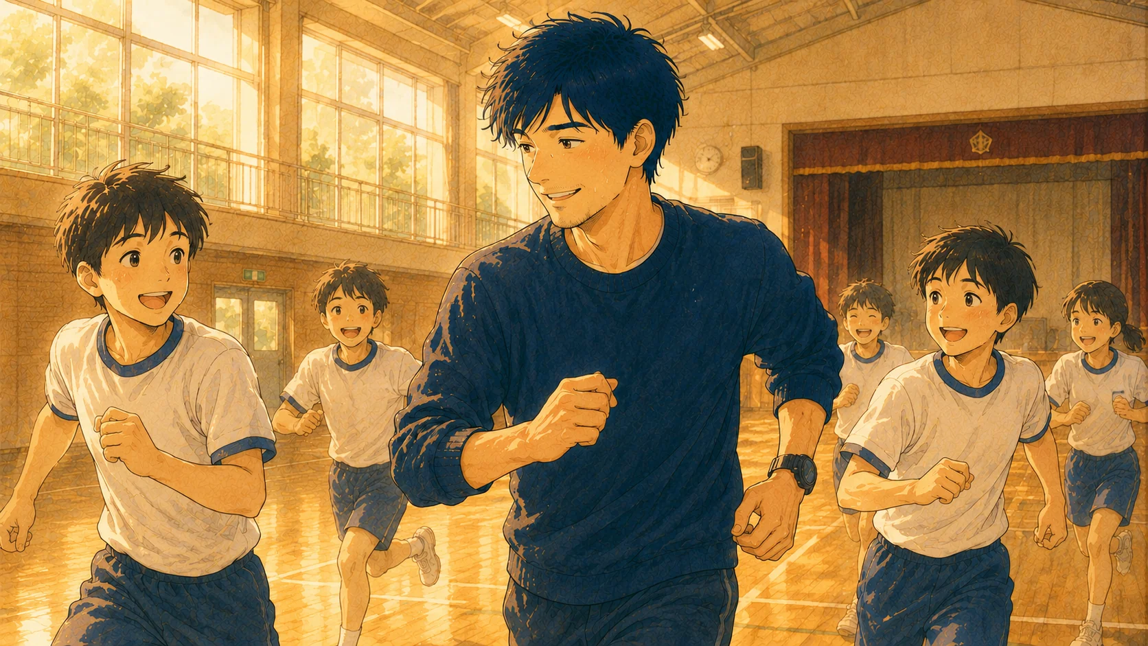 子どもたちと一緒に体を動かす先生のイラスト