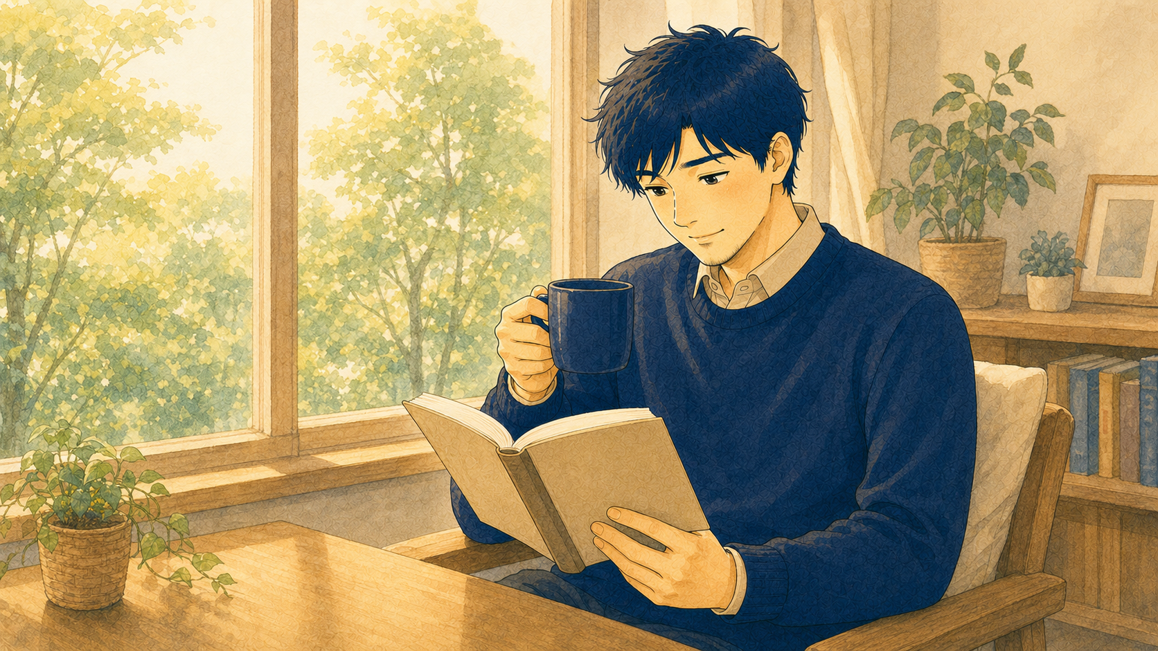 窓辺でコーヒーを片手に読書する様子のイラスト