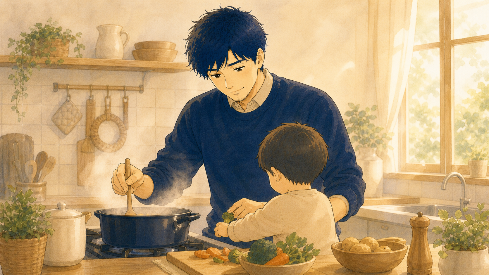 台所で子どもと一緒に料理をする様子のイラスト