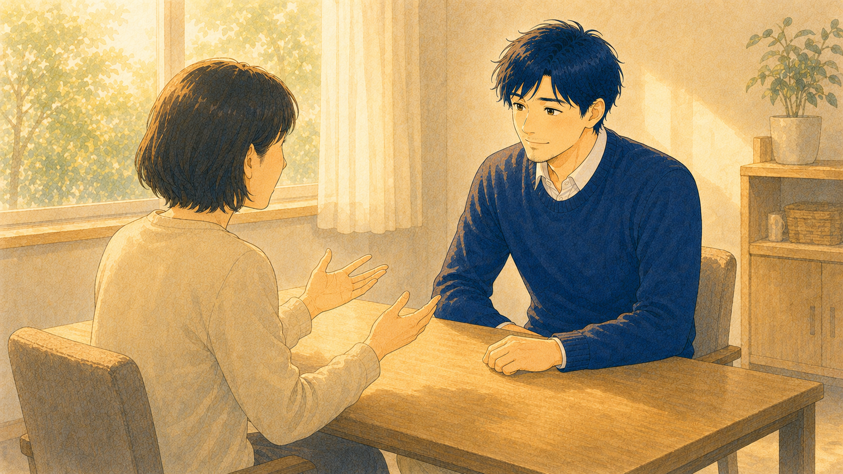 保護者の話に体を傾けて耳を傾ける先生のイラスト