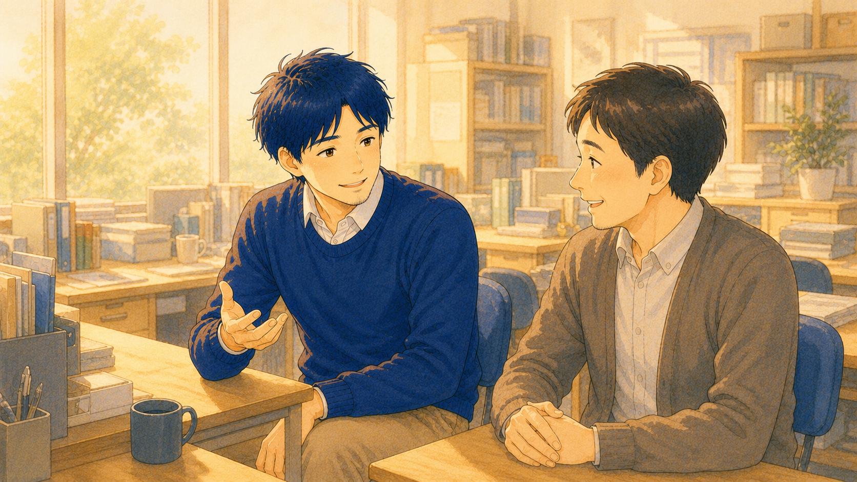 職員室で、余白くんが隣の同僚の先生に軽くお願いをし、相手が快く受け止めている水彩風のイラスト