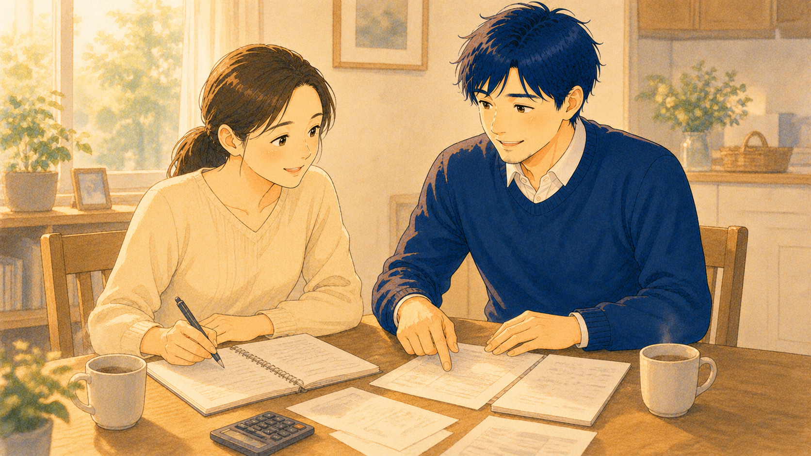 自宅の食卓で、余白くんが妻とノートや電卓を広げ、家計や子どもの将来について穏やかに相談し合う水彩風のイラスト