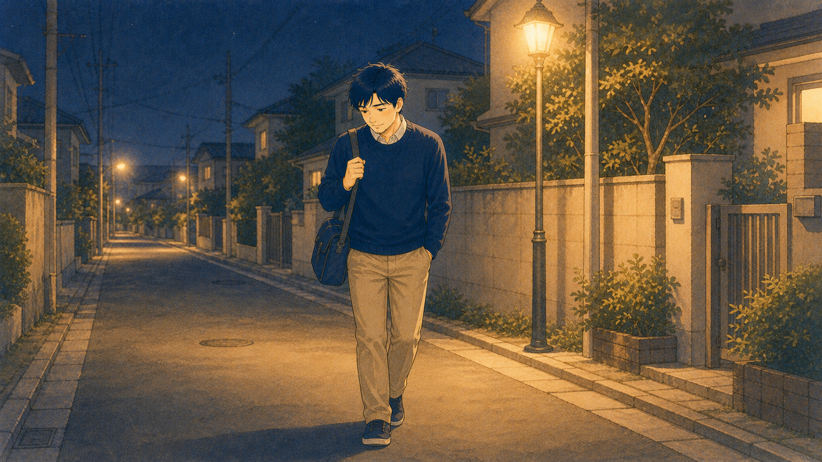夜、疲れた様子でとぼとぼと帰宅する男性教員