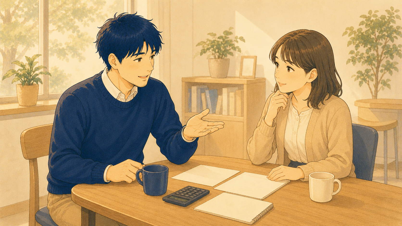 テーブルを挟んで穏やかにお金の相談をする2人の教員のイラスト