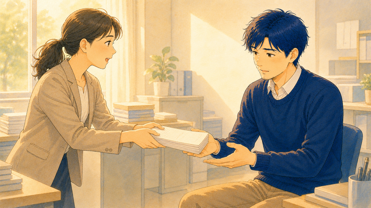 仕事を頼まれて、思わず手を伸ばしかけるキャラクターのイラスト