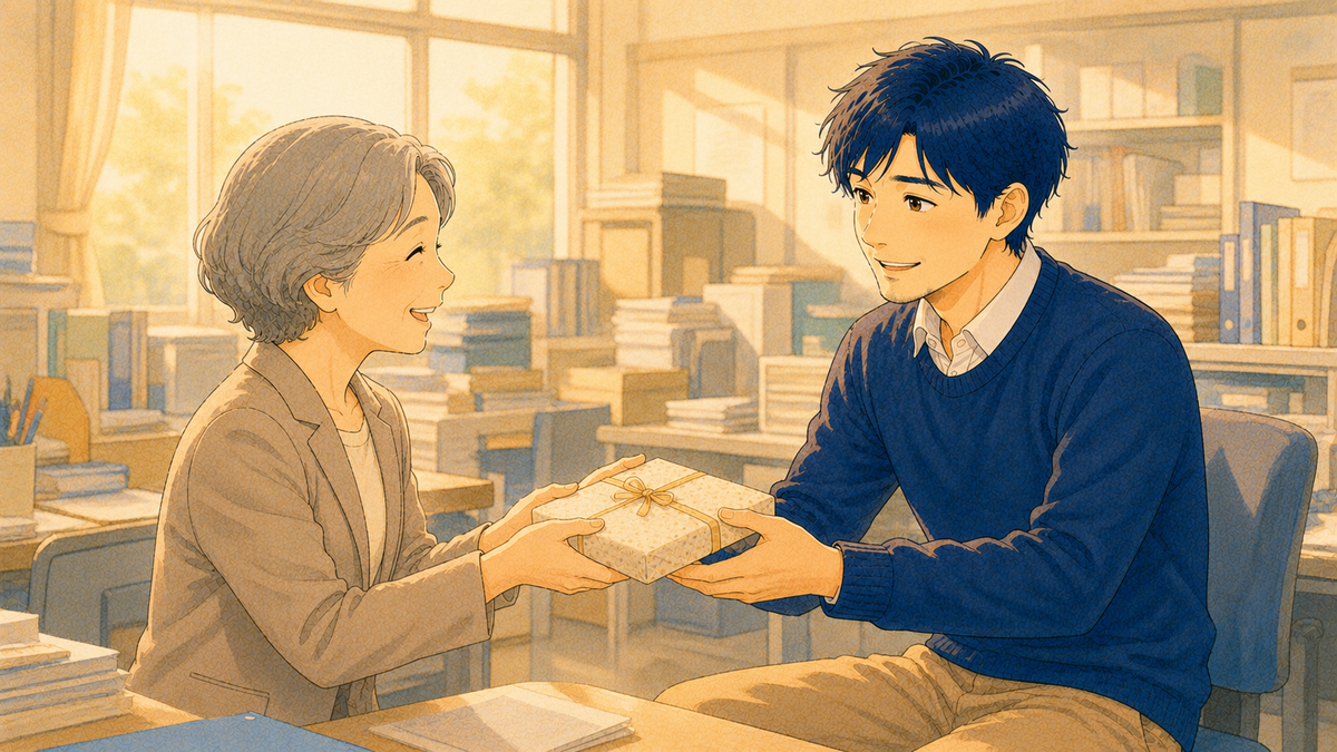 職員室で保険の販売員さんから贈り物を受け取る先生のイラスト