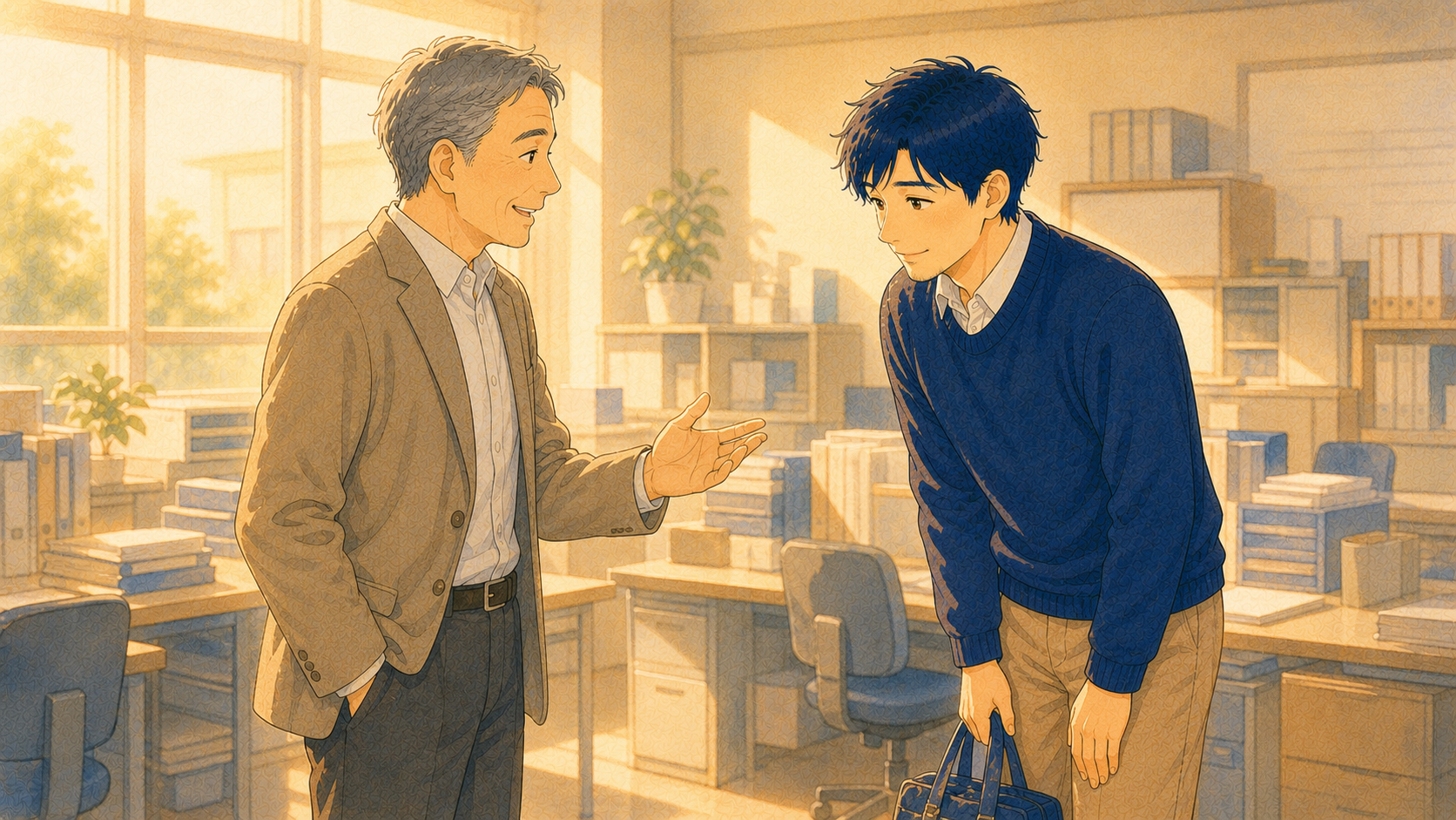 先輩が後輩の先生に大丈夫だよと声をかけ、後輩が鞄を持って会釈している職員室の場面のイラスト