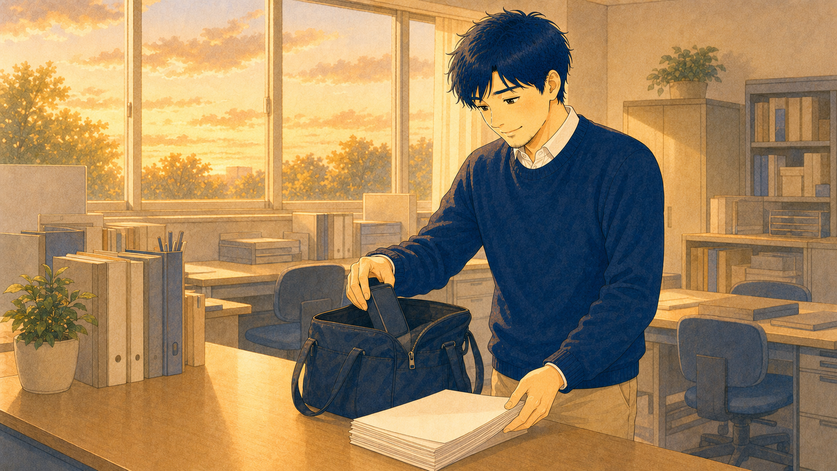 夕暮れの職員室で、穏やかな表情で帰り支度をする先生のイラスト